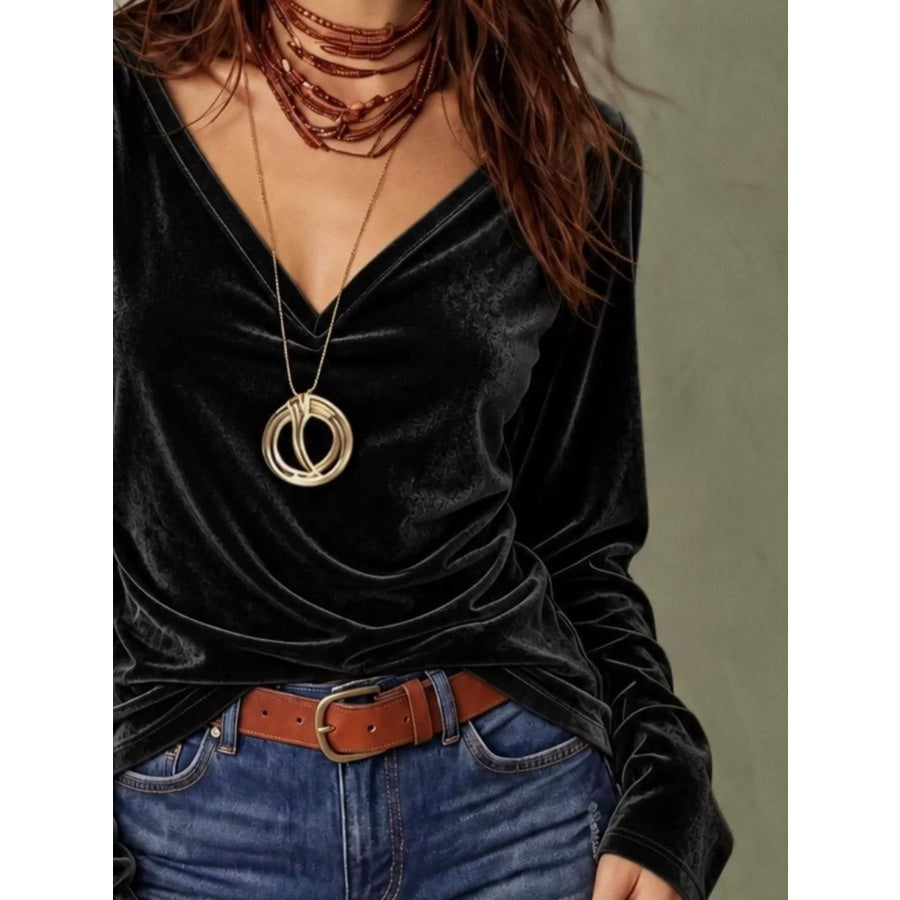 Full Size V-Neck Long Sleeve Velvet Blouse Plus Apparel and Accessories