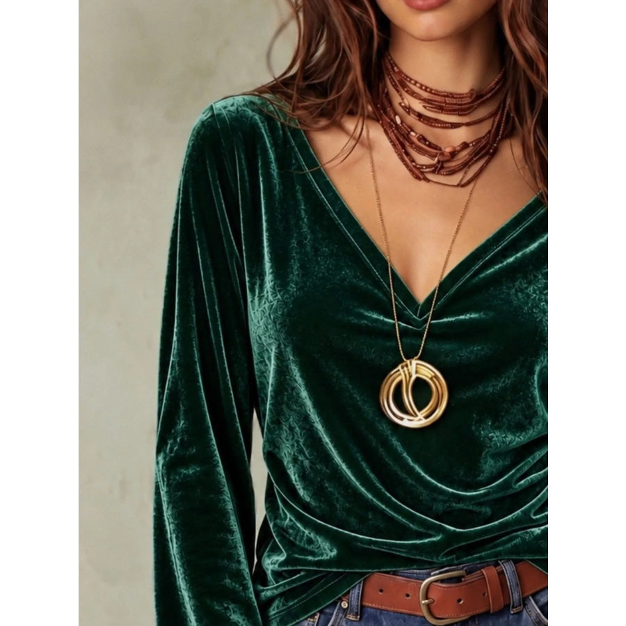Full Size V-Neck Long Sleeve Velvet Blouse Plus Apparel and Accessories