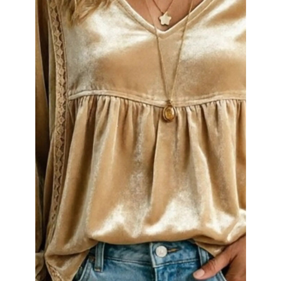 Full Size V-Neck Long Sleeve Velvet Blouse with Lace Trim Plus Apparel and Accessories