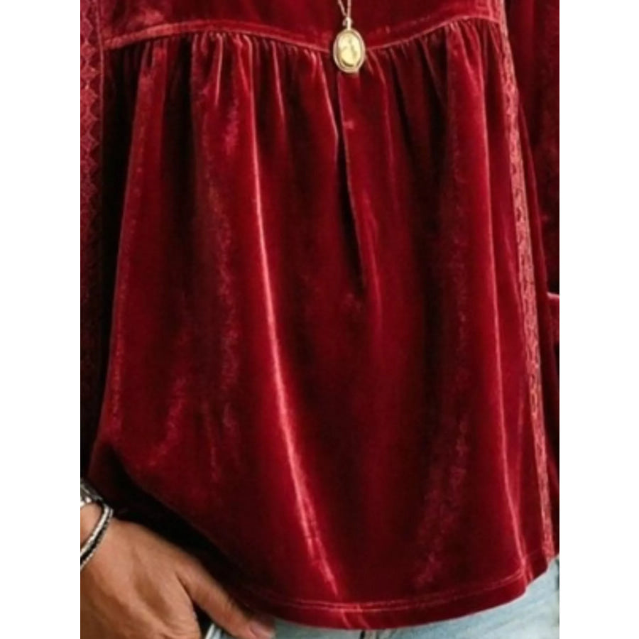 Full Size V-Neck Long Sleeve Velvet Blouse with Lace Trim Plus Apparel and Accessories