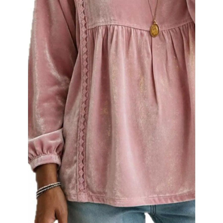 Full Size V-Neck Long Sleeve Velvet Blouse with Lace Trim Plus Apparel and Accessories
