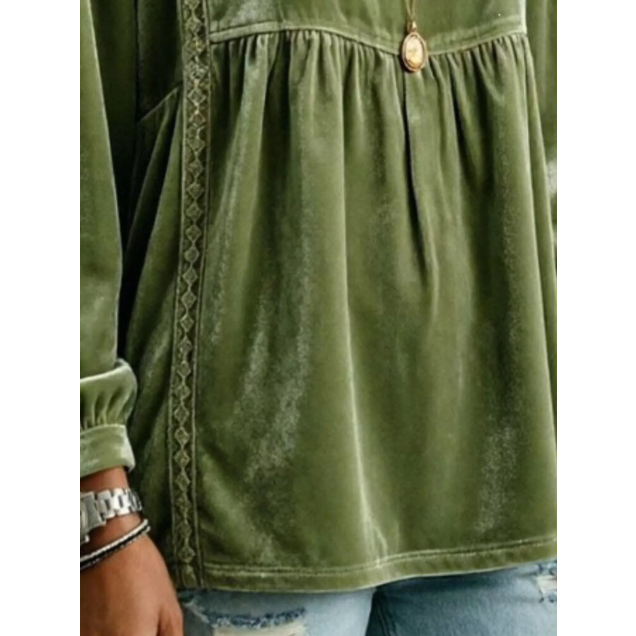 Full Size V-Neck Long Sleeve Velvet Blouse with Lace Trim Plus Apparel and Accessories