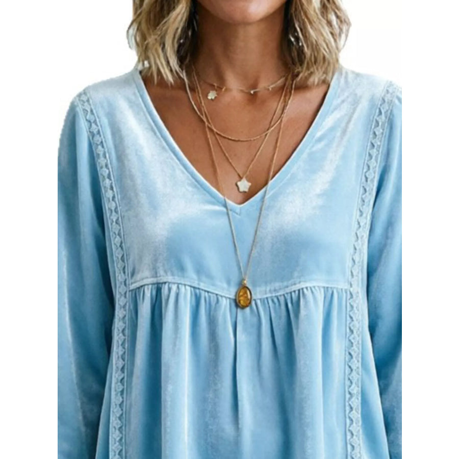 Full Size V-Neck Long Sleeve Velvet Blouse with Lace Trim Plus Apparel and Accessories