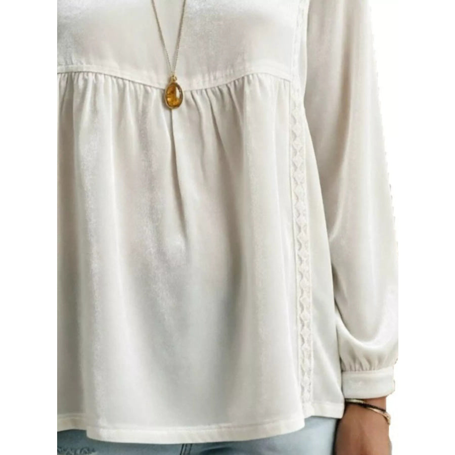 Full Size V-Neck Long Sleeve Velvet Blouse with Lace Trim Plus Apparel and Accessories