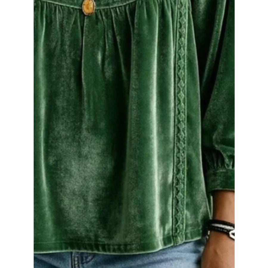 Full Size V-Neck Long Sleeve Velvet Blouse with Lace Trim Plus Apparel and Accessories