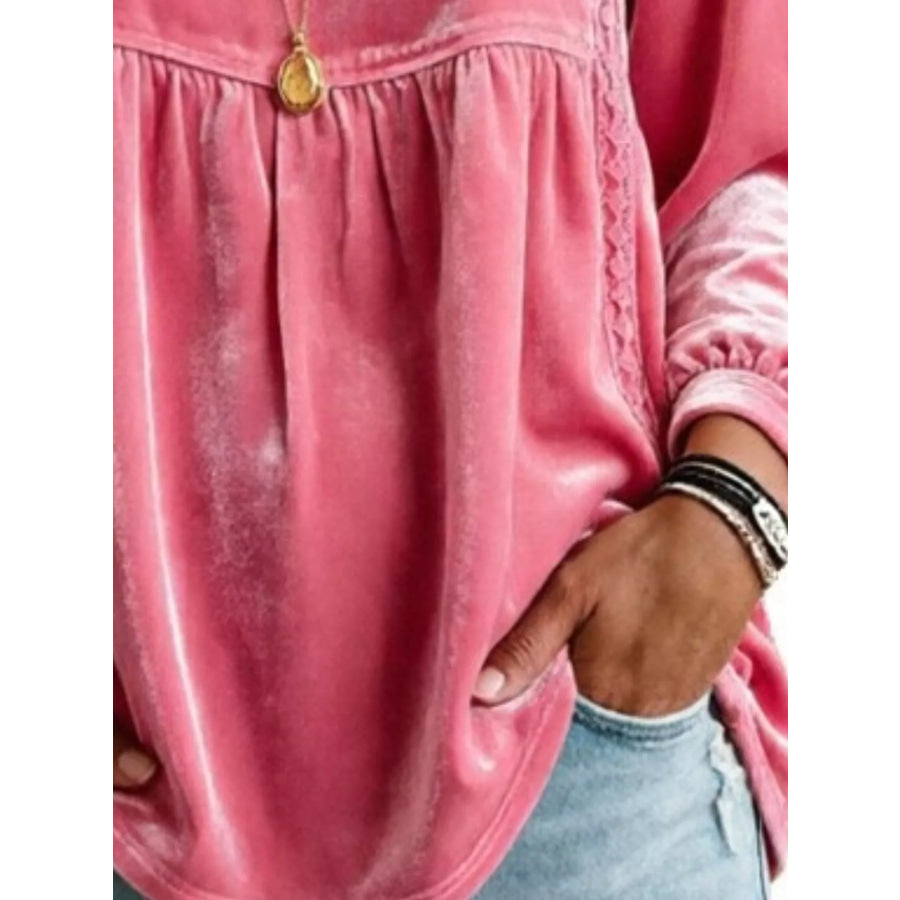 Full Size V-Neck Long Sleeve Velvet Blouse with Lace Trim Plus Apparel and Accessories