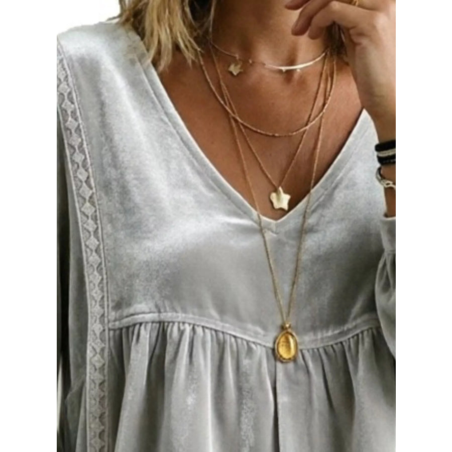 Full Size V-Neck Long Sleeve Velvet Blouse with Lace Trim Plus Apparel and Accessories
