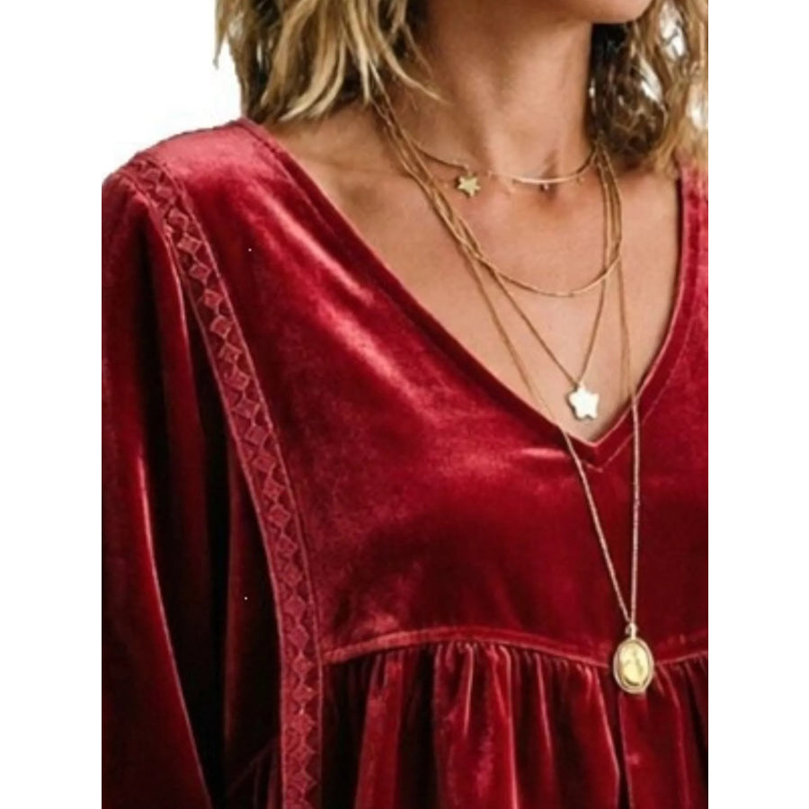 Full Size V-Neck Long Sleeve Velvet Blouse with Lace Trim Plus Apparel and Accessories