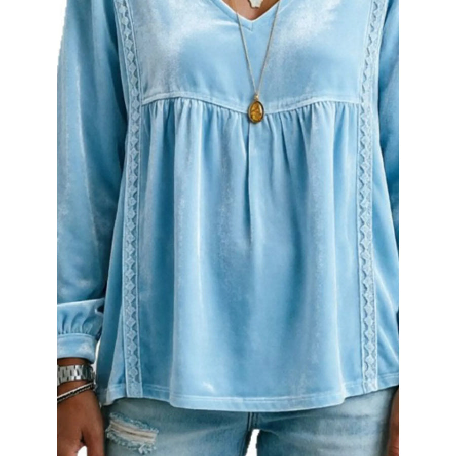 Full Size V-Neck Long Sleeve Velvet Blouse with Lace Trim Plus Apparel and Accessories