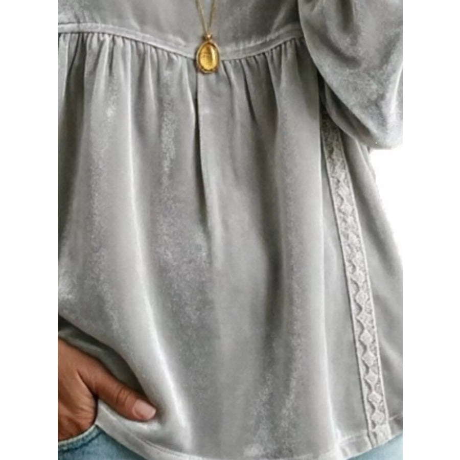 Full Size V-Neck Long Sleeve Velvet Blouse with Lace Trim Plus Apparel and Accessories