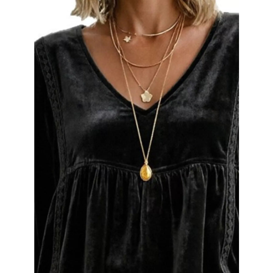 Full Size V-Neck Long Sleeve Velvet Blouse with Lace Trim Plus Apparel and Accessories