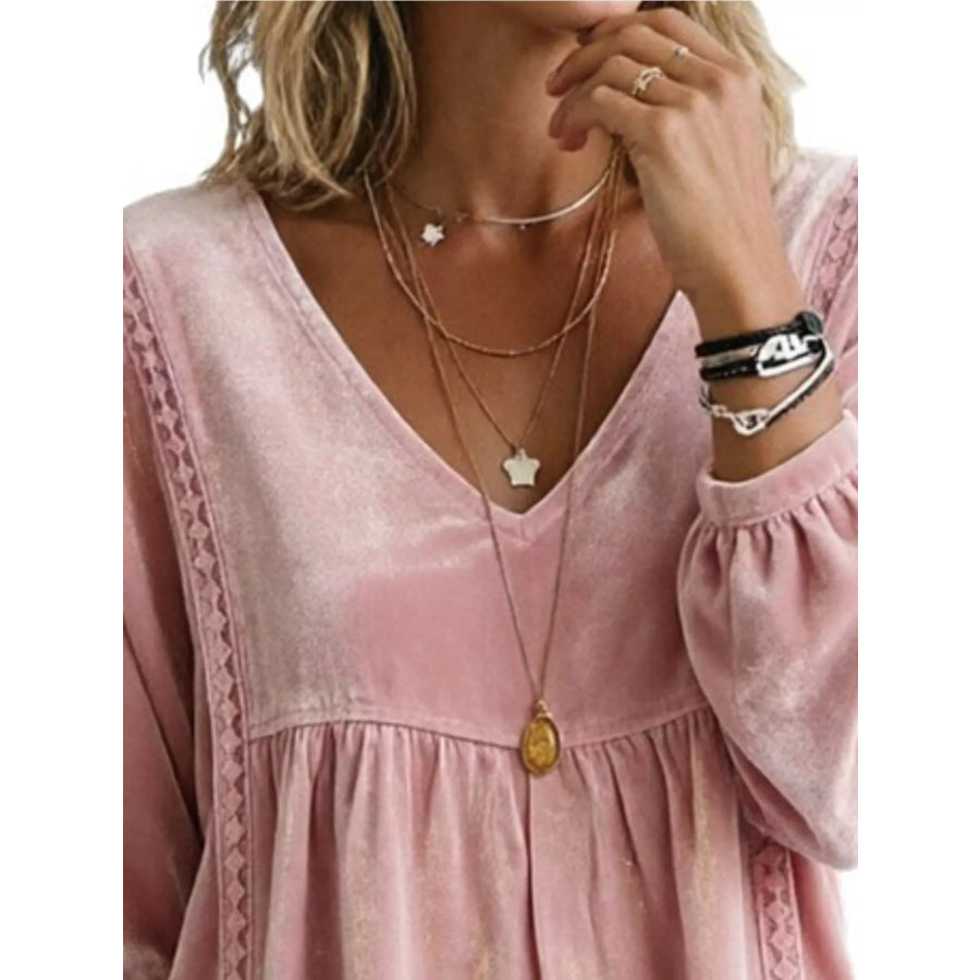Full Size V-Neck Long Sleeve Velvet Blouse with Lace Trim Plus Apparel and Accessories