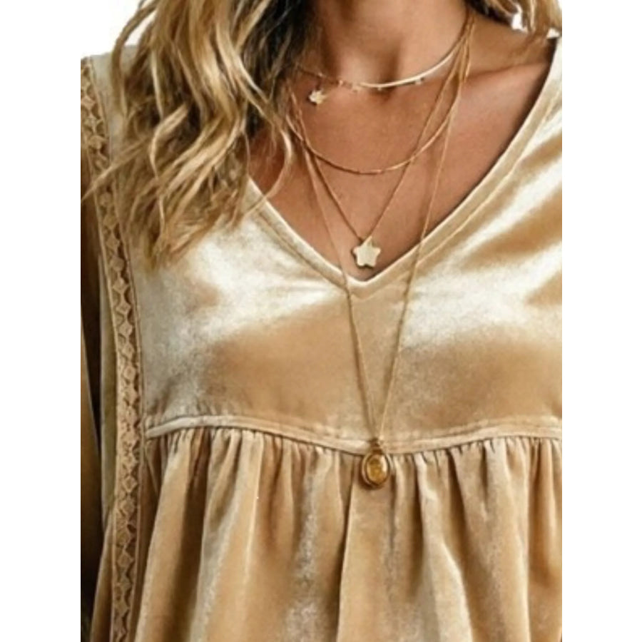 Full Size V-Neck Long Sleeve Velvet Blouse with Lace Trim Plus Apparel and Accessories
