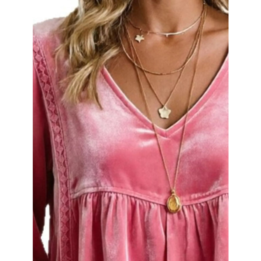 Full Size V-Neck Long Sleeve Velvet Blouse with Lace Trim Plus Apparel and Accessories