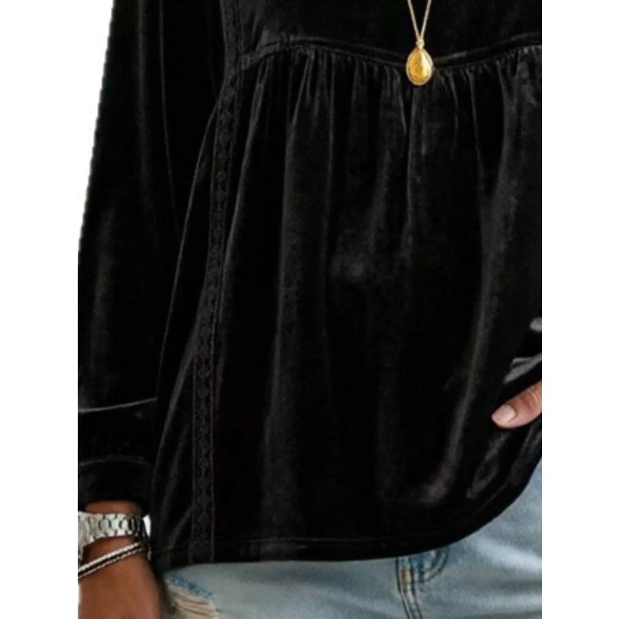 Full Size V-Neck Long Sleeve Velvet Blouse with Lace Trim Plus Apparel and Accessories