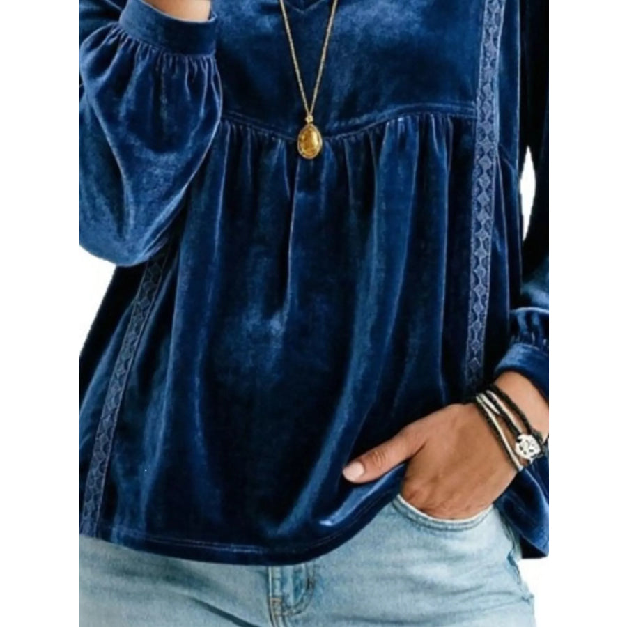 Full Size V-Neck Long Sleeve Velvet Blouse with Lace Trim Plus Apparel and Accessories
