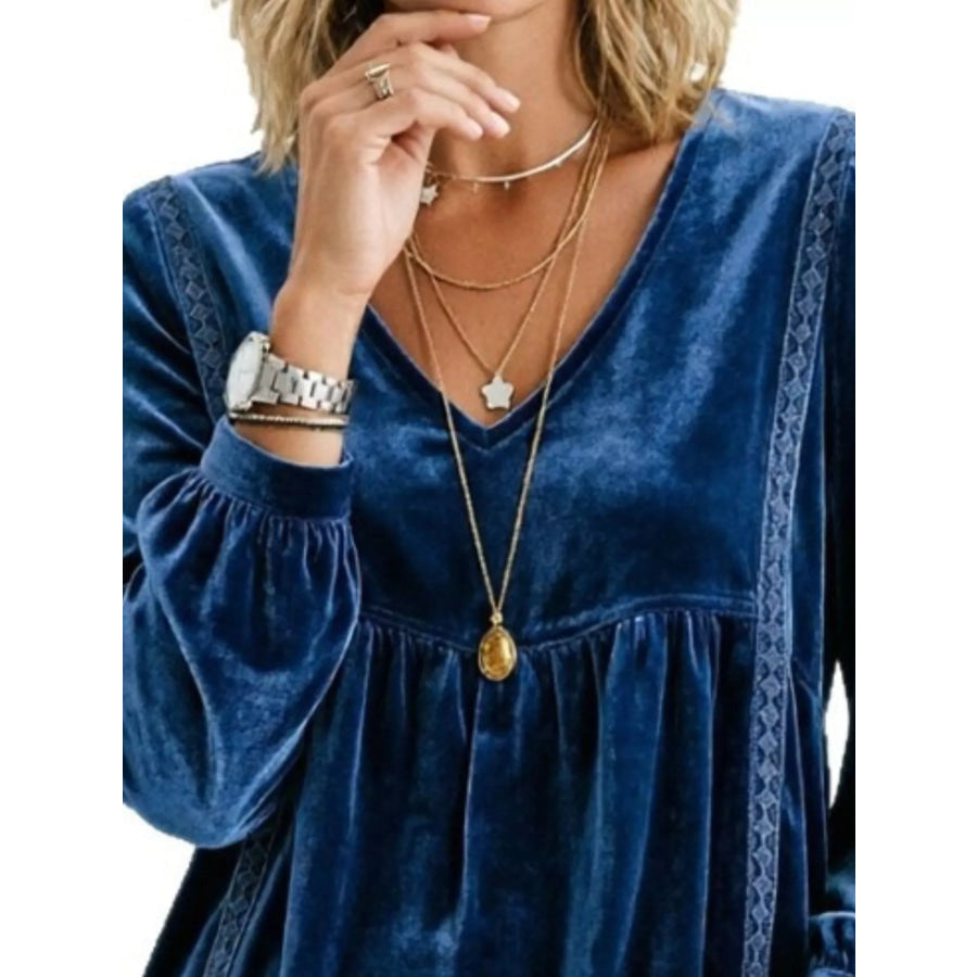 Full Size V-Neck Long Sleeve Velvet Blouse with Lace Trim Plus Apparel and Accessories