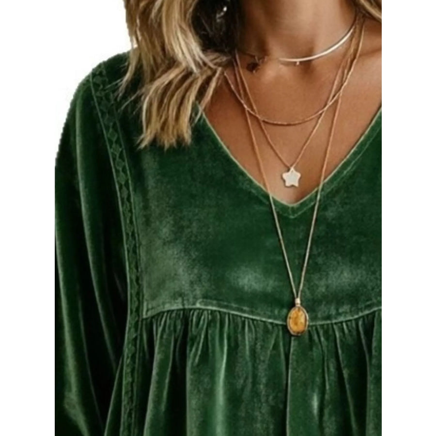 Full Size V-Neck Long Sleeve Velvet Blouse with Lace Trim Plus Apparel and Accessories