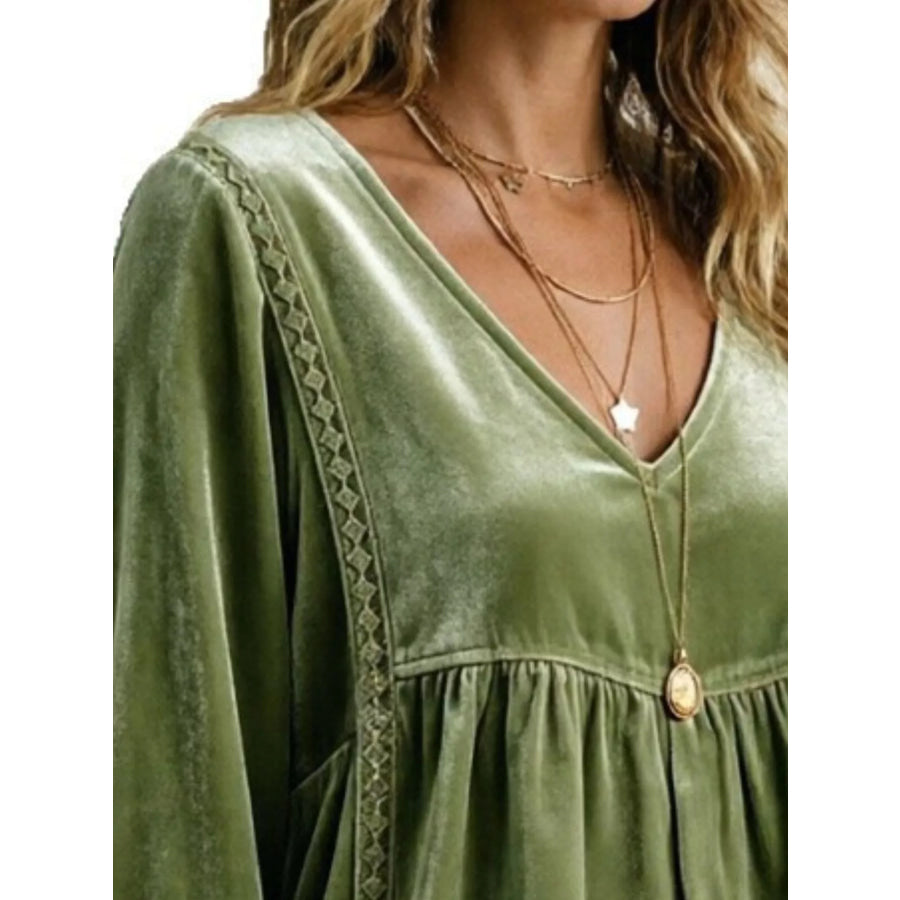 Full Size V-Neck Long Sleeve Velvet Blouse with Lace Trim Plus Apparel and Accessories