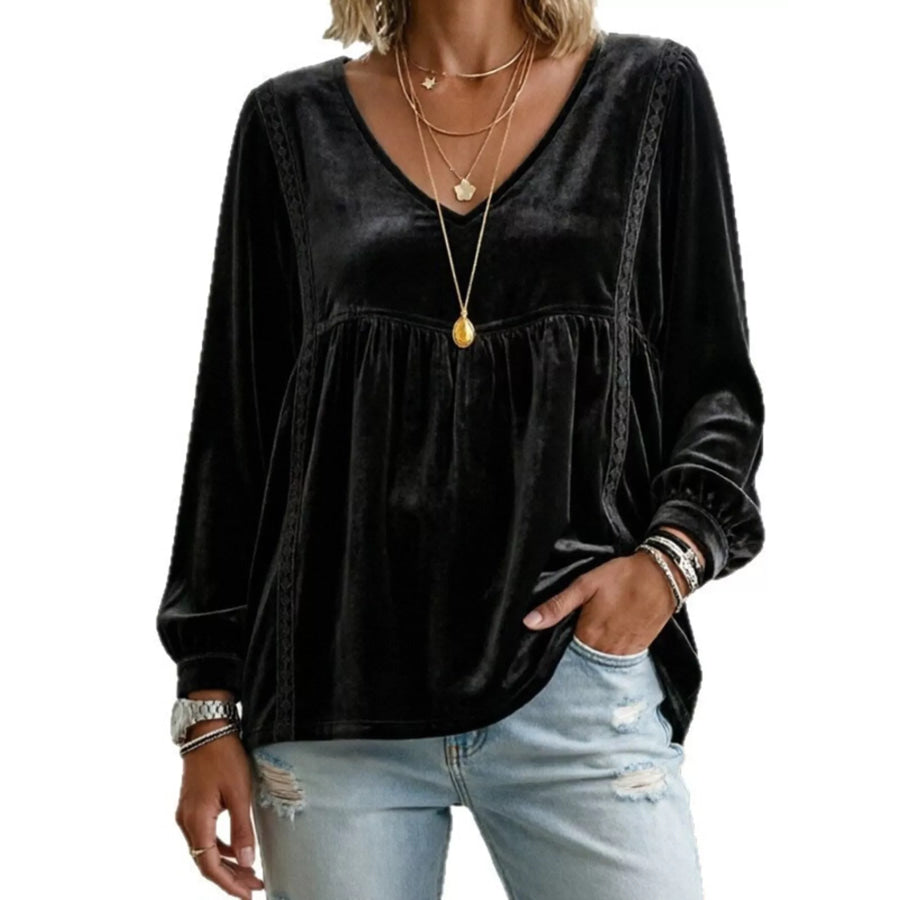 Full Size V-Neck Long Sleeve Velvet Blouse with Lace Trim Plus Black / S Apparel and Accessories