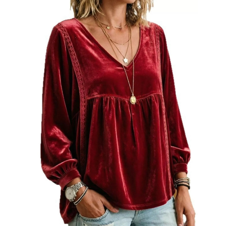 Full Size V-Neck Long Sleeve Velvet Blouse with Lace Trim Plus Burgundy / S Apparel and Accessories