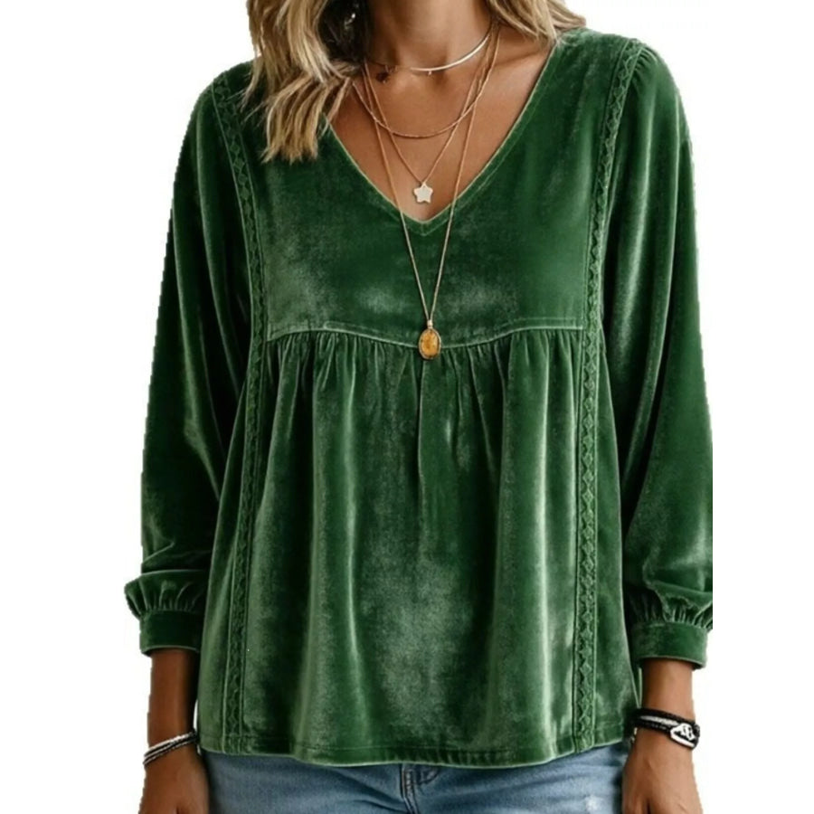 Full Size V-Neck Long Sleeve Velvet Blouse with Lace Trim Plus Dark Green / S Apparel and Accessories