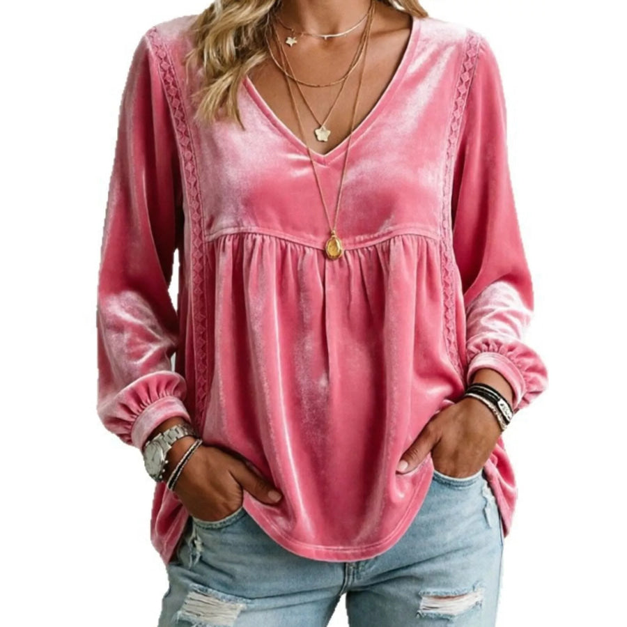 Full Size V-Neck Long Sleeve Velvet Blouse with Lace Trim Plus Fuchsia Pink / S Apparel and Accessories