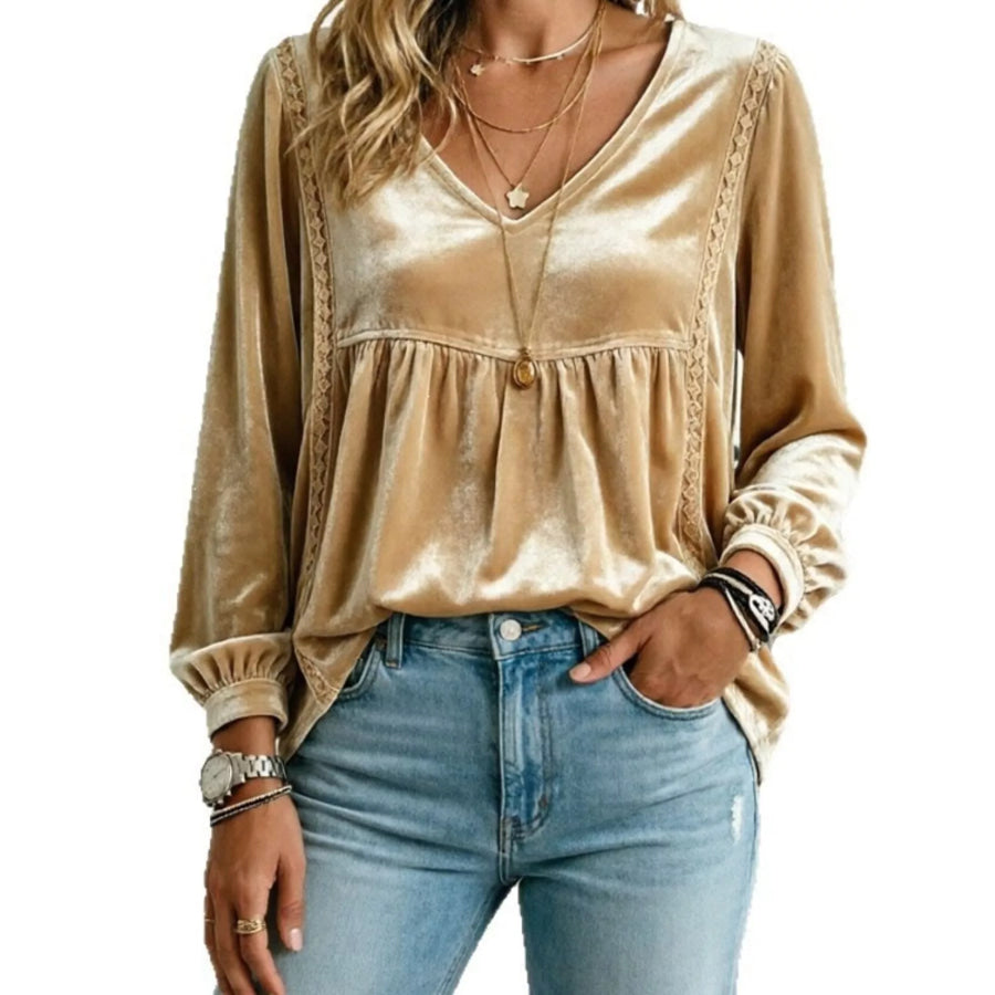 Full Size V-Neck Long Sleeve Velvet Blouse with Lace Trim Plus Gold / S Apparel and Accessories