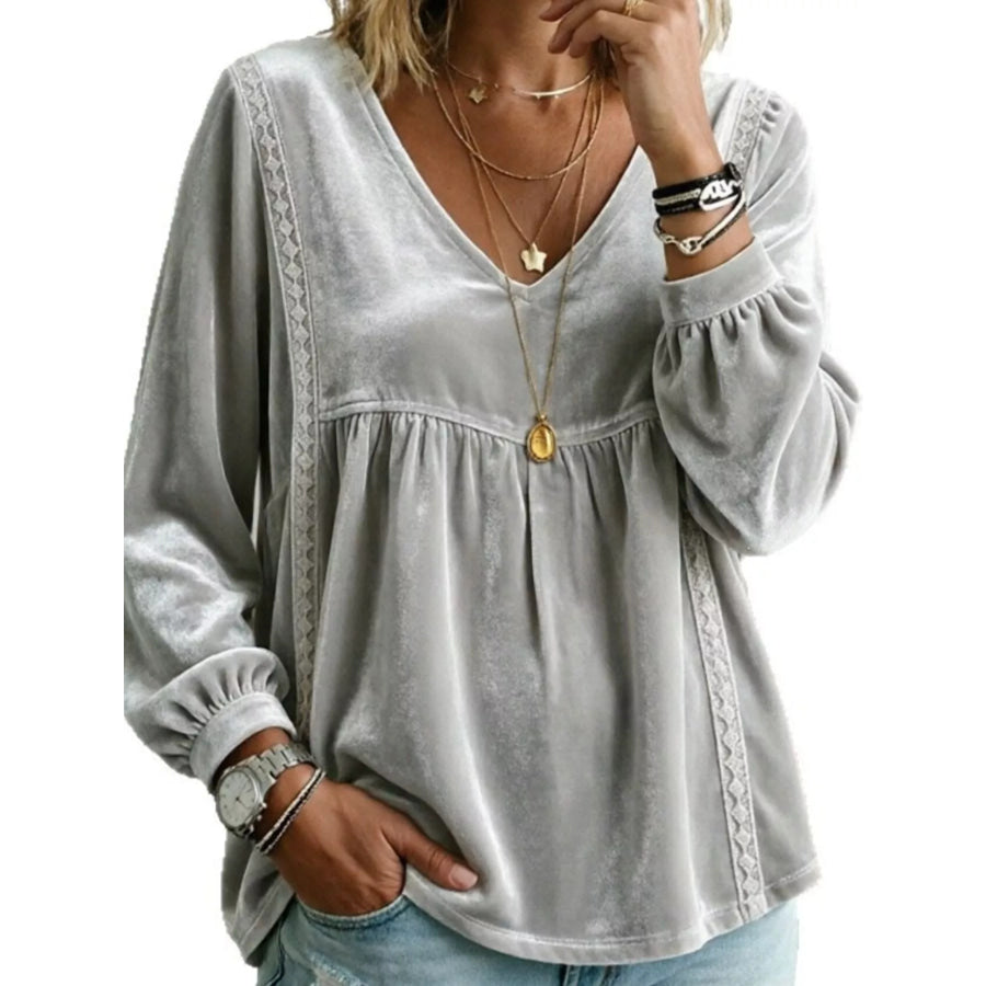 Full Size V-Neck Long Sleeve Velvet Blouse with Lace Trim Plus Gray / S Apparel and Accessories