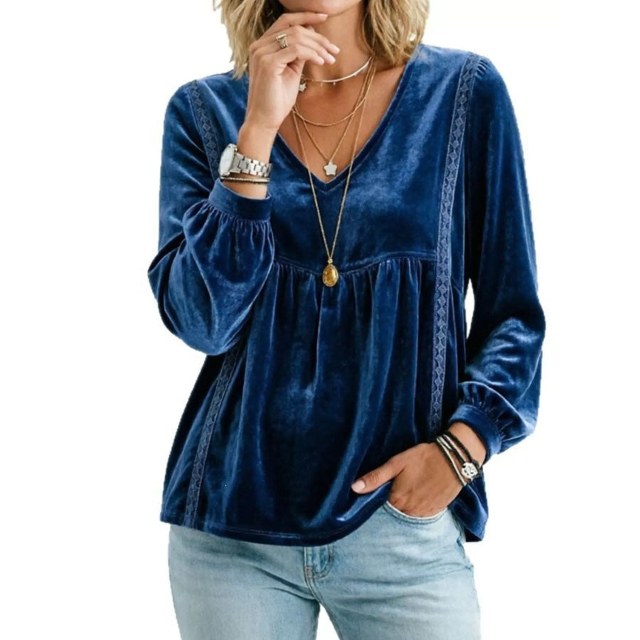 Full Size V-Neck Long Sleeve Velvet Blouse with Lace Trim Plus Navy / S Apparel and Accessories