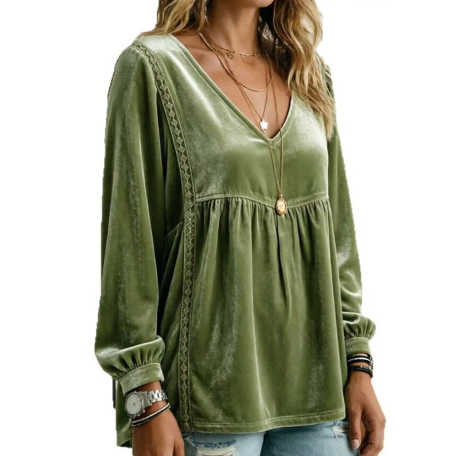 Full Size V-Neck Long Sleeve Velvet Blouse with Lace Trim Plus Olive / S Apparel and Accessories