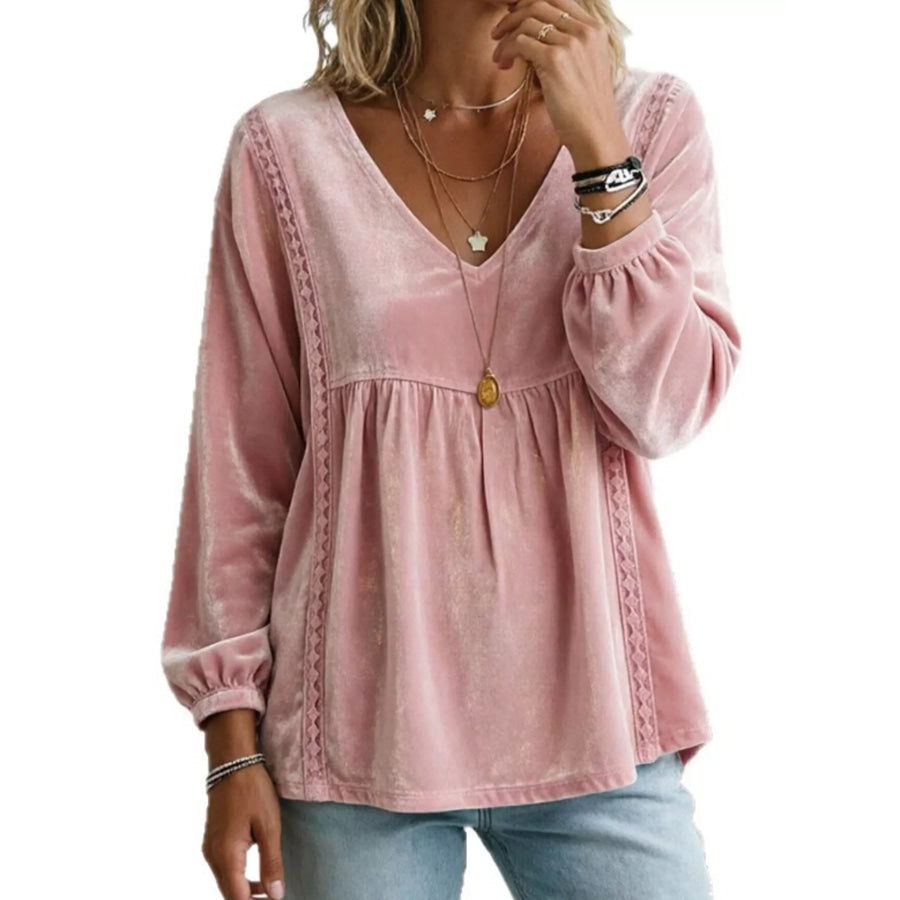 Full Size V-Neck Long Sleeve Velvet Blouse with Lace Trim Plus Pink / S Apparel and Accessories