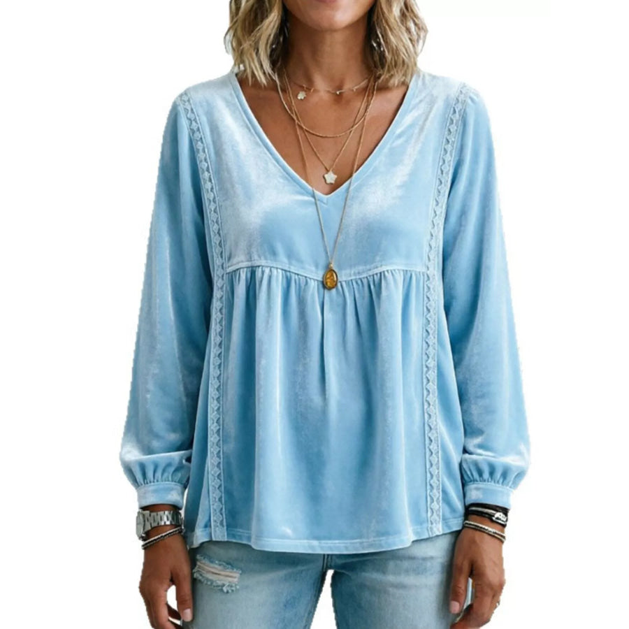 Full Size V-Neck Long Sleeve Velvet Blouse with Lace Trim Plus Sky Blue / S Apparel and Accessories