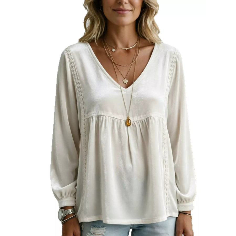 Full Size V-Neck Long Sleeve Velvet Blouse with Lace Trim Plus White / S Apparel and Accessories