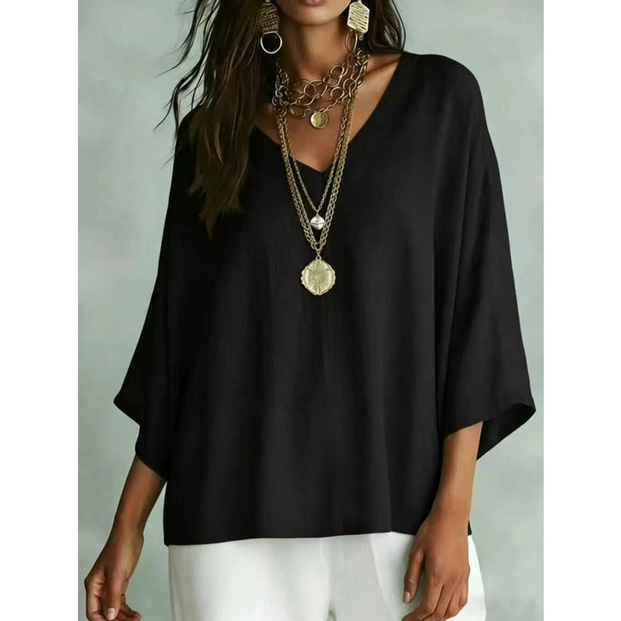 Full Size V-Neck Loose Fit T-Shirt Plus Black / S Apparel and Accessories