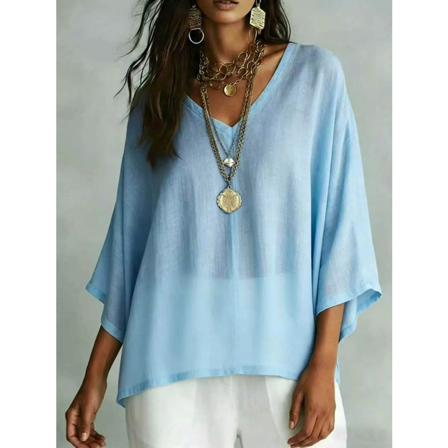 Full Size V-Neck Loose Fit T-Shirt Plus Light Blue / S Apparel and Accessories
