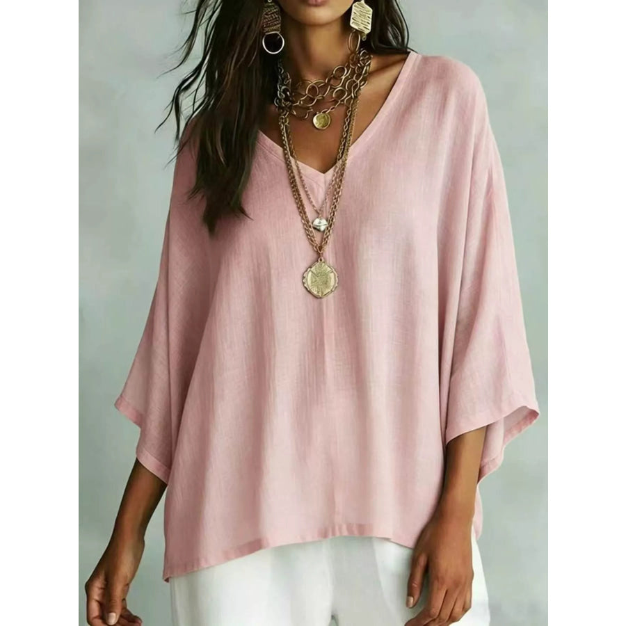 Full Size V-Neck Loose Fit T-Shirt Plus Pink / S Apparel and Accessories