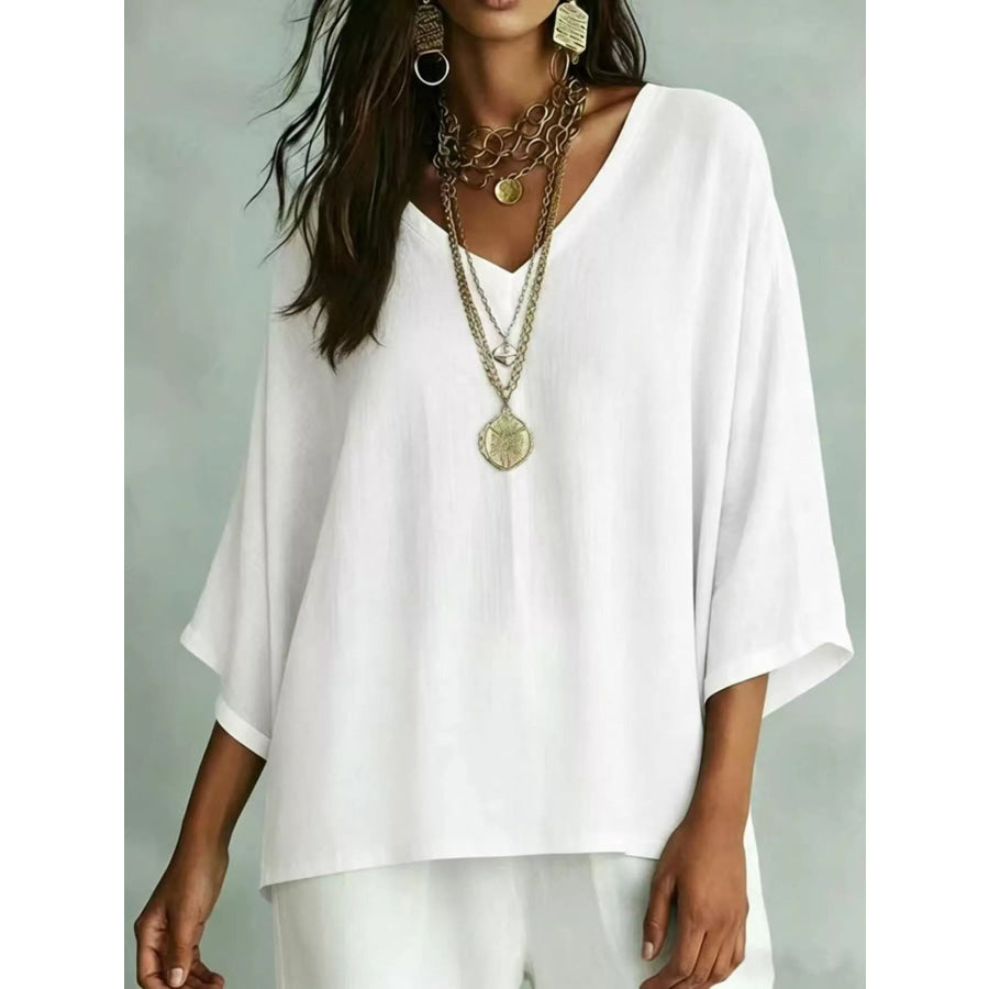 Full Size V-Neck Loose Fit T-Shirt Plus White / S Apparel and Accessories