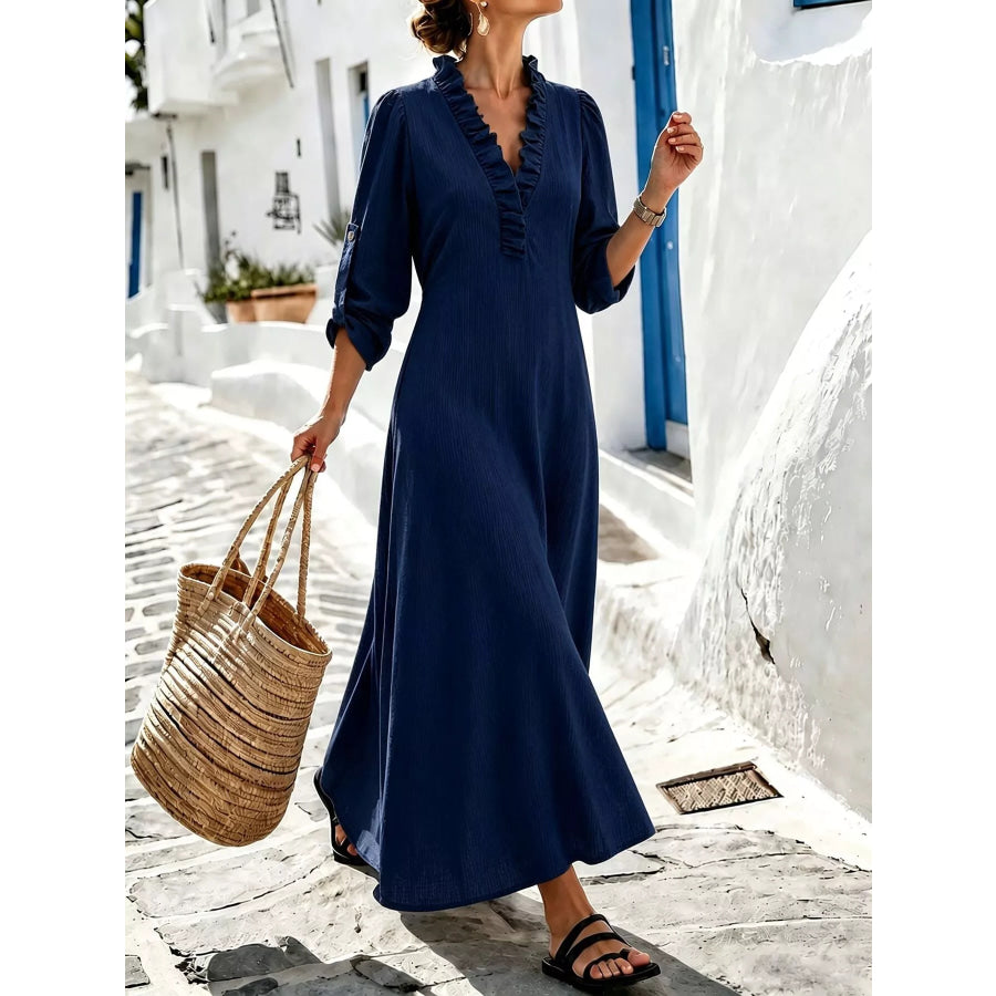 Full Size V-Neck Maxi Dress with Roll-Up Sleeves Plus Size Apparel and Accessories