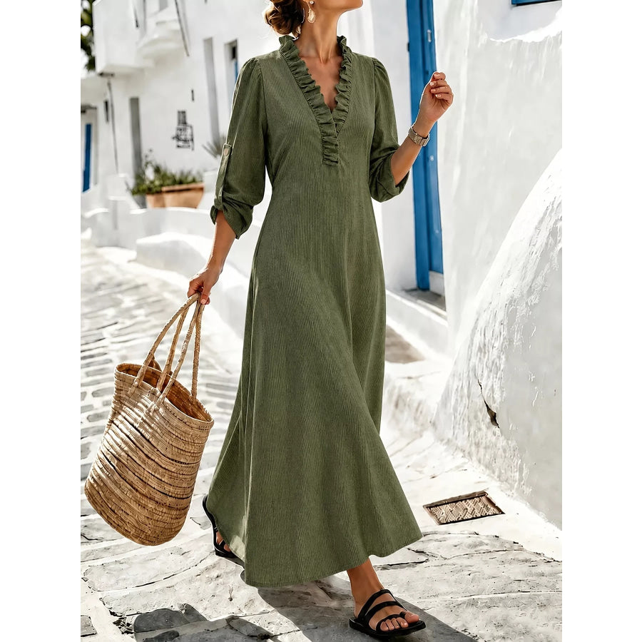 Full Size V-Neck Maxi Dress with Roll-Up Sleeves Plus Size Apparel and Accessories
