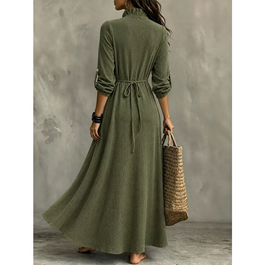 Full Size V-Neck Maxi Dress with Roll-Up Sleeves Plus Size Apparel and Accessories