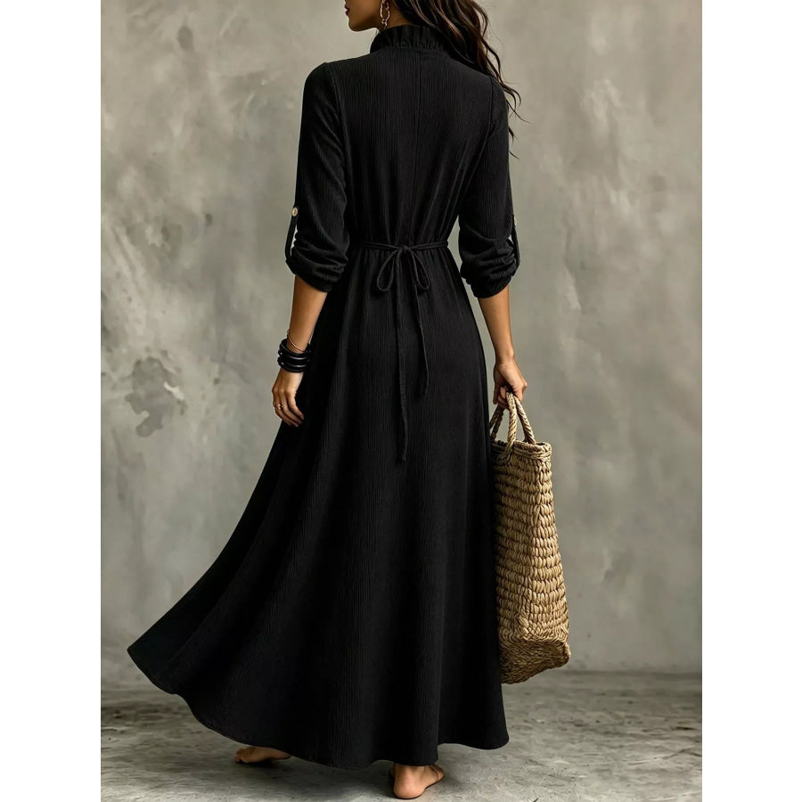 Full Size V-Neck Maxi Dress with Roll-Up Sleeves Plus Size Apparel and Accessories