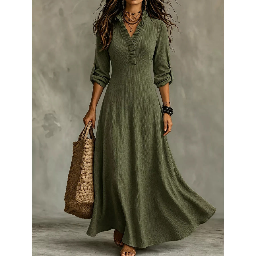 Full Size V-Neck Maxi Dress with Roll-Up Sleeves Plus Size Green / XS Apparel and Accessories