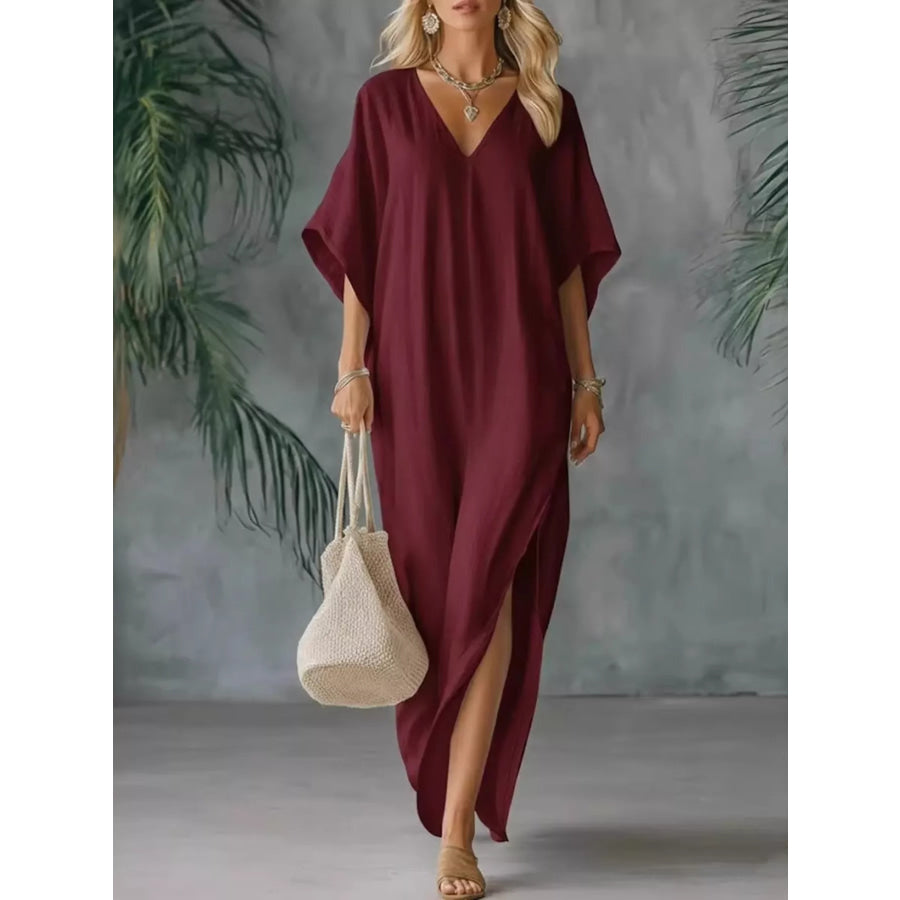 Full Size V-Neck Maxi Dress with Side Slits Plus Size Burgundy / S Apparel and Accessories