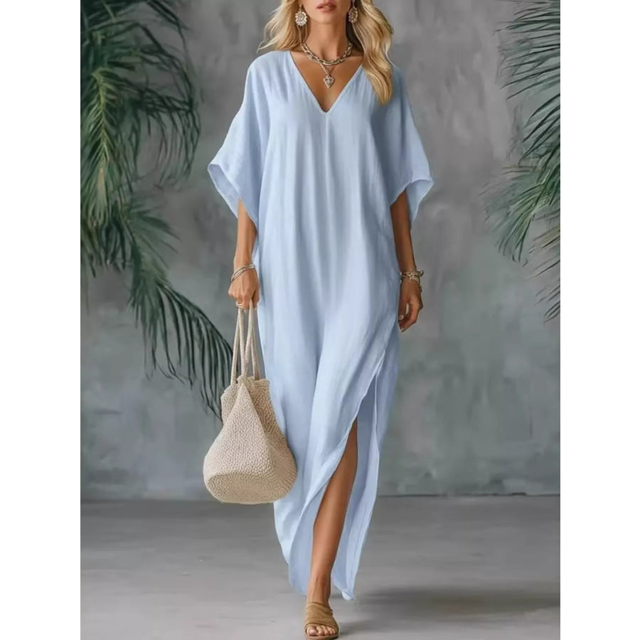 Full Size V-Neck Maxi Dress with Side Slits Plus Size Light Blue / S Apparel and Accessories