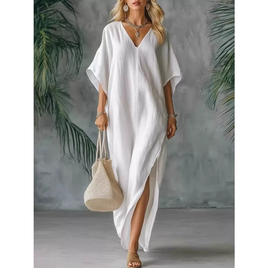 Full Size V-Neck Maxi Dress with Side Slits Plus Size White / S Apparel and Accessories