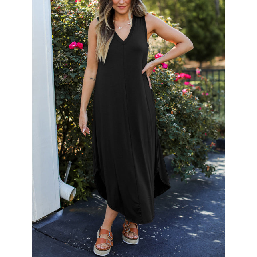 Full Size V - Neck Midi Tank Dress Black / S Apparel and Accessories