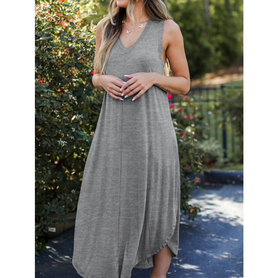 Full Size V - Neck Midi Tank Dress Charcoal / S Apparel and Accessories