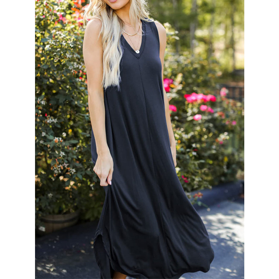 Full Size V - Neck Midi Tank Dress Dark Navy / S Apparel and Accessories