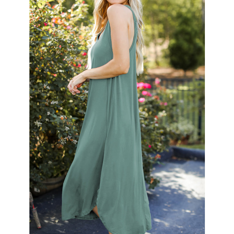 Full Size V - Neck Midi Tank Dress Gum Leaf / S Apparel and Accessories